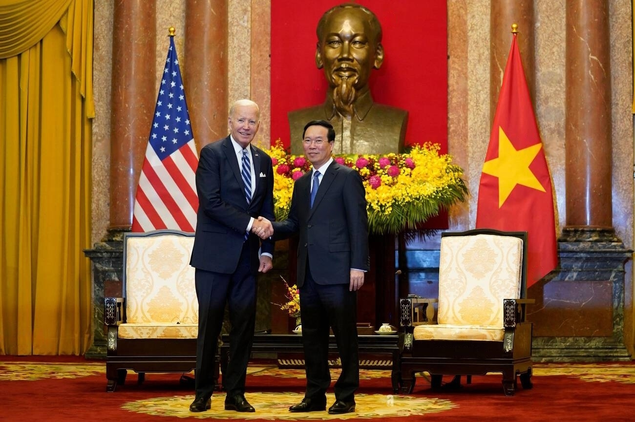 US President Joe Biden shakes hand with Vietnam President Vo Van Thuong, Hanoi Vietnam